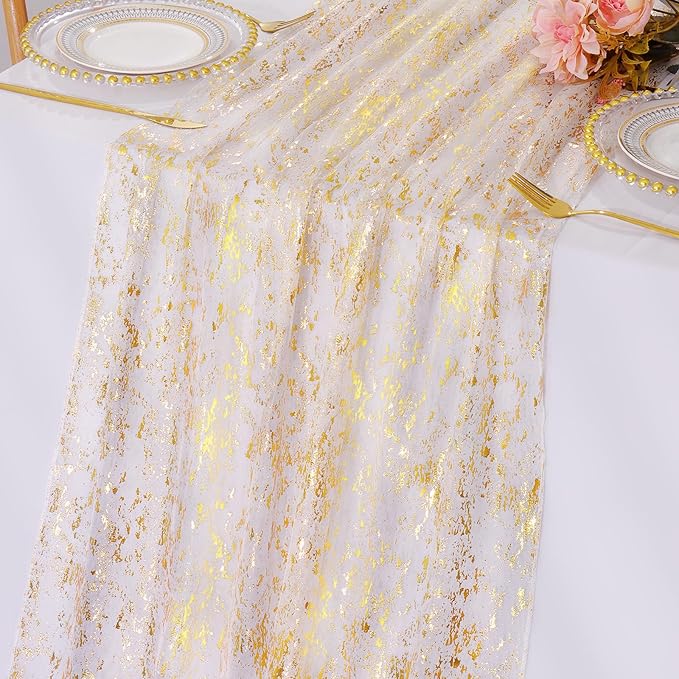 LOMOHOO 10 Ft Gold Table Runner, Golden Sheer Sequin Table Runners 120 Inches Long Glitter Metallic Foil Lace Fabric Table Decor for Birthday Party Wedding Anniversary Centerpiece (4pcs)