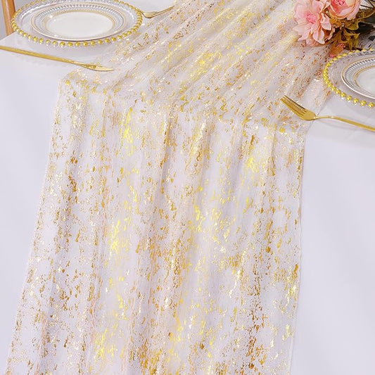 LOMOHOO 10 Ft Gold Table Runner, Golden Sheer Sequin Table Runners 120 Inches Long Glitter Metallic Foil Lace Fabric Table Decor for Birthday Party Wedding Anniversary Centerpiece (4pcs)