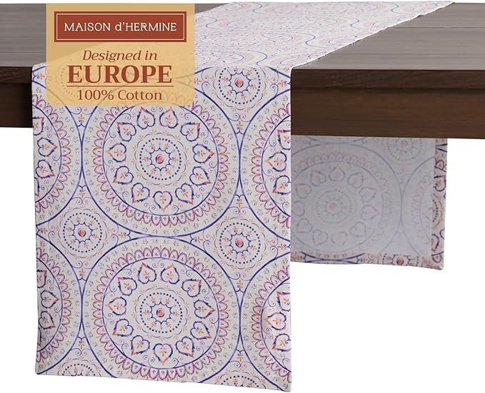 Maison d' Hermine Table Runner 100% Cotton Single Layer Table Runners 108 inches Long Decorative for Home Kitchen Dining Party Baby Shower Wedding Bridal Shower Spring Summer (Mandala, 14.50" x 108")