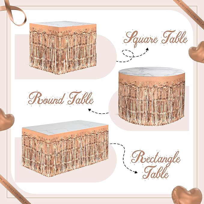 2 Pack Rose Gold Table Skirts, 29x108" Metallic Foil Tinsel Fringe Table Skirts for Rectangle Tables Streamer Curtains Backdrop, Party Decorations for Birthdays Weddings Holidays