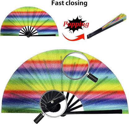 13'' Large Glitter Rave Fan Folding Hand Fans for Men Women Line Dancing Portable Handheld Clack Fan for Festival EDM Party Music Outfit Accessories
