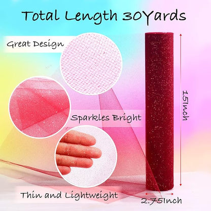 Sparkling Tulle Rolls, 15” by 30 Yards (90FT) Glitter Tulle Spool Ribbon Fabric for Wedding Birthday Bridal Shower Tutu Skirt Party Gift Wrapping (Burgundy)