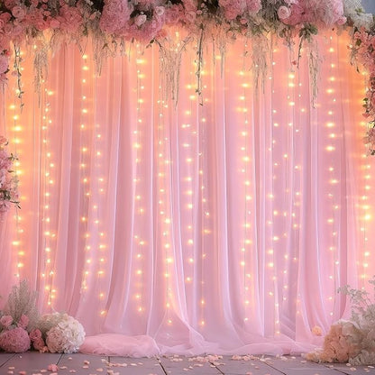 Sheer Backdrop Curtains with Lights String for Weddings Baby Showers, 10x8ft Sheer Tulle Photo Backdrop Curtains for Birthday Party Photography Background Decoration, Pink
