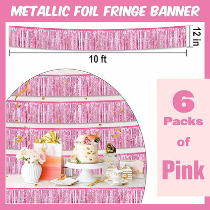 6 Pack 10 Ft Pink Foil Fringe Garland Metallic Streamers Tinsel Banner Wall Hanging Garland Backdrop for Parade Floats, Halloween, Christmas, Thanksgiving, New Year Party Decorations
