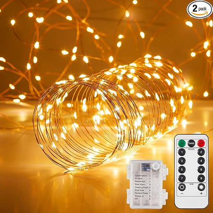 2 Pack 65.6 Ft. Battery Operated Outdoor String Lights with Remote & Timer, LED Warm White Fairy Lights, Waterproof Twinkle Lights for Bedroom, Dorm, Mason Jar, Wedding, Party, Christmas