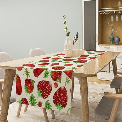 Strawberry Table Runner Spring Summer Fruit Wild Berry Forest Garden Dinner Runner for Girl Baby Shower Party Holiday Home Kitchen Dining Table Decor 13x90