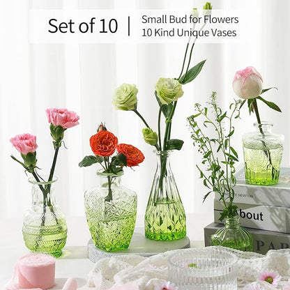 Vintage Small Glass Vases Set of 10,Mini Bud Vases for Flowers,Amber Glass Vases for Centerpieces,Wedding Decorations,Home Table Flower Decor (Olive Green)