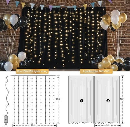 Ledido 10×8ft Tulle Backdrop Curtains with Lights String - 300LED Fairy Lights Sheer Curtain Backdrop for Weddings Baby Shower and Birthday Party Decorations(8 Panels 5×8ft)