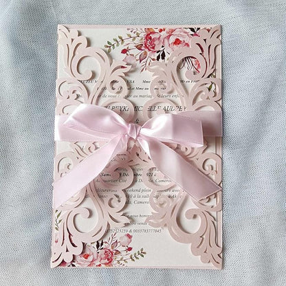 25PCS Blush Pink Laser Cut Wedding Invitations Cards with Envelopes,Blank Inner Sheets,Ribbons for Wedding Bridal Shower Quinceañera Engagement Birthday Invites