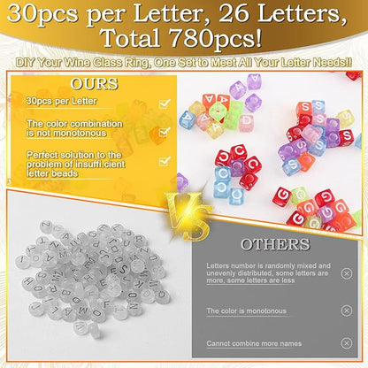 60 Sets DIY Wine Glass Charms – 780 Letter Beads 120 Gold Beads 60 Charm Rings 2 Tweezers, Drink Identifier Charms Wine Glass Marker Tags for Wedding Cocktail Bachelorette Party Decoration (Square)