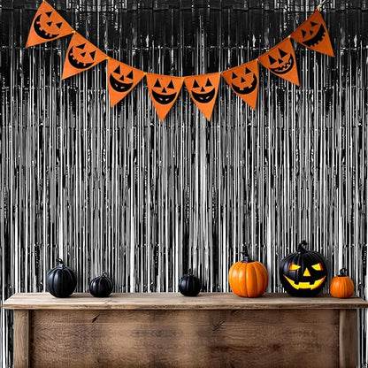 Foil Fringe Curtain Halloweens Party Decorations - Pure Black Tinsel Photo Backdrop Party Steamers Curtains for Birthdays Music Christmas Stranger Theme Parties