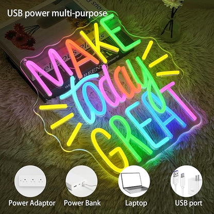 Make Today Great Neon Sign for Wall Decor, Inspirational Colorful Letter Neon Light, Dimmable Motivational Word Led Light Up Sign for Classroom, Cafe, Wedding Party,Birthday Wall Decor
