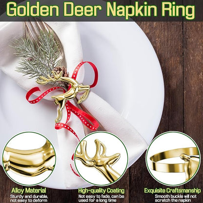 ZeeDix Gold Reindeer Christmas Napkin Rings Set of 12, Napkin Holder Ring for Christmas Dinner Table Decor Cloth Napkins, Wedding Receptions, Holiday Party, Banquet and Home Kitchen