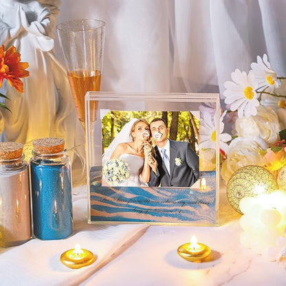 Sand Ceremony Kit for Wedding Includes Clear Acrylic Unity Sand Ceremony Photo Frame 2 Pack Photo Fixing Corner Stickers and 2 Glass Unity Holder for Wedding Home Decor(Blue, Gray)