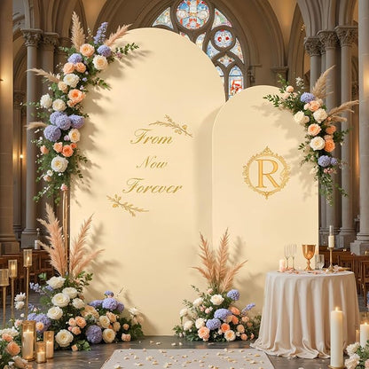 7.2FT 6FT Arch Backdrop Cover for Wedding, Set of 2 Stretchy Spandex Fitted Arch Stand Cover for Baby Shower, Birthday Party Decor, Chiara Backdrop Cover with Double-Sided Design(Ivory,Champagne)