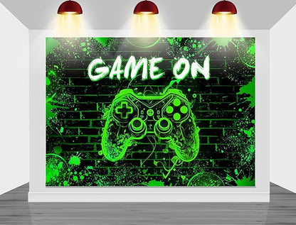 Mocsicka Game On Backdrop Video Game for Boys Level Up Birthday Party Decoration Game Night Arcade Neon Glow Gamer Banner Photography Background (Green, 10x7ft(120"x82"))