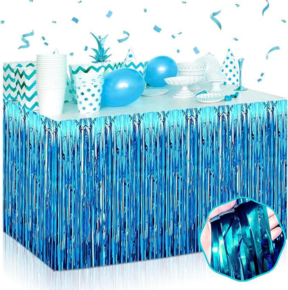 3 Pack 29 x108 Inch Lake Blue Foil Fringe Table Skirts Metallic Banner for Tinsel Streamer Garland Backdrop for Parade Floats Wedding Thanksgiving Birthday Christmas New Year Party Decoration