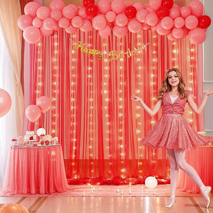 Red Tulle Backdrop Curtain with Lights String for Parites 10x8ft Red Sheer Backdrop Curtains Drapes for Birthday Party Bridal Shower Baby Shower Christmas Wall Photo Booth Background Decorations
