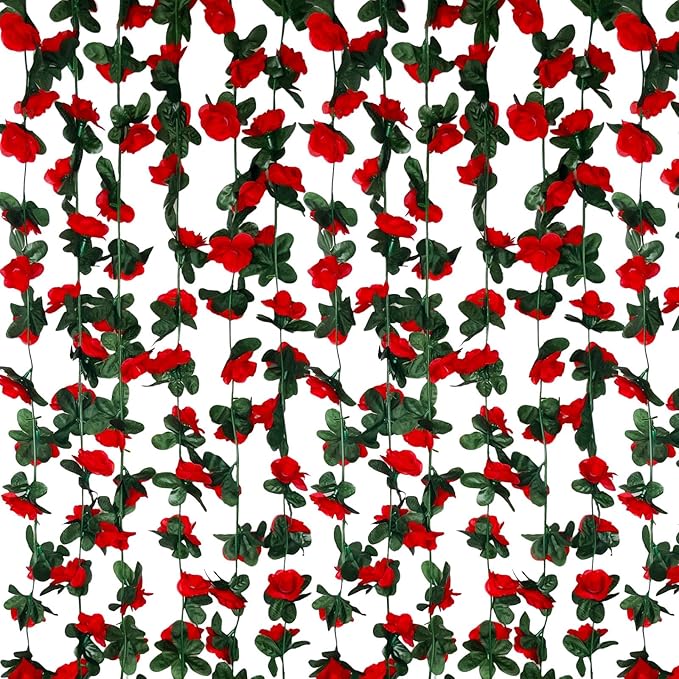16Pcs 126Ft Red Rose Garland, Fake Rose Hanging Flowers, Artificial Flower Vine, Hanging Floral Vine Garland for Wedding, Birthday Party, Wall Arch, Halloween, Christmas Garden Backdrop Decor