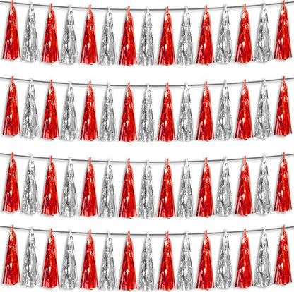4P Red Silver Foil Fringe Metallic Tassel Streamers Banner Tassel Garland for Parade Floats, Graduation, Wedding, Birthday, Halloween, Christmas, Bridal/Baby Shower Party Decorations