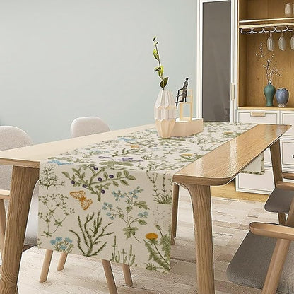 Floral Table Runner,Wildflower Spring Table Runner Seasonal Summer Butterfly Kitchen Dining Table Decoration for Home Party 13x90 Inch
