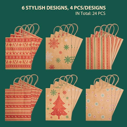 MESHA Christmas Gift bags 24Pcs 8.6x7x3.3'' Kraft Paper Bags with Handles Bulk for Gifts Holiday Xmas Goodie, Party Favors, Candy, Treat