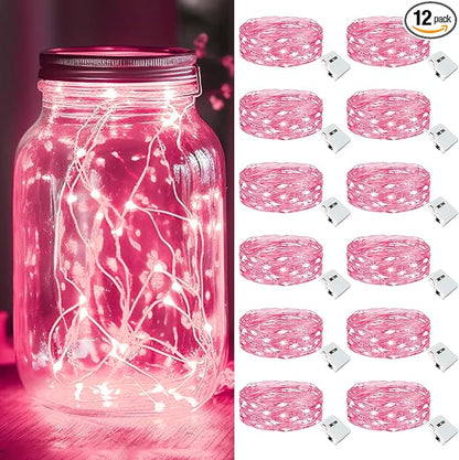 kolpop 12 Pack LED Fairy Lights Battery Operated, Mini Twinkle String Lights Battery Powered Waterproof for Christmas Mason Jars Party,Pink