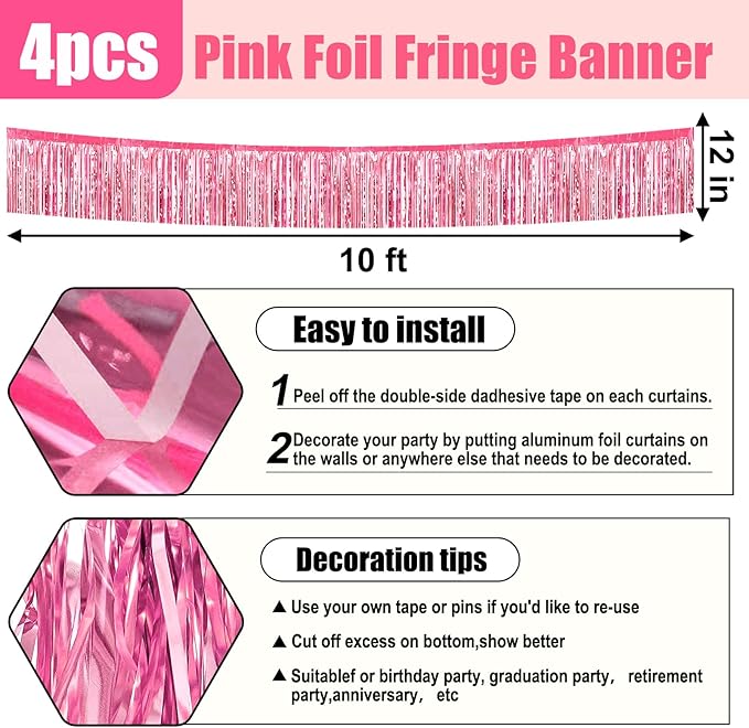 4 Pack 10 Feet Pink Foil Fringe Garland Metallic Tinsel Streamers Banner Wall Hanging Curtain Backdrop for Parade Floats, Wedding, Graduate, Mother's Day, Birthday Party Decoration