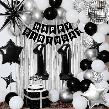 11th Birthday Decorations for Boys Girls, Black Silver Happy Birthday Party Decorations， 11 Year Old Party Supplies with Number 11 Balloons, Banner, Fringe Curtains Kit
