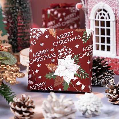 LeZakaa Christmas Wrapping Paper Roll - Red Flower & Merry Christmas Letter Pattern for Holiday, Party - 17 inches x 32.8 Feet (46.45 sq.ft.)