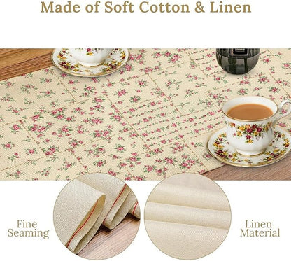 Floral Table Runner, Watercolor Rose Flower Kitchen Table Decoration Vintage Spring Home Tablecloth for Birthday Party Picnic Decoration 13x60 Inch 1PCS