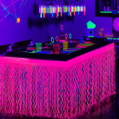 Mega-L Glow in The Dark Party Supplies, 2 Pack Neon Party Decorations Fluorescent Macaron Fuchsia Wavy Metallic Tinsel Foil Fringe Table Skirts, Perfect Table Decors for Glow Birthday Decor