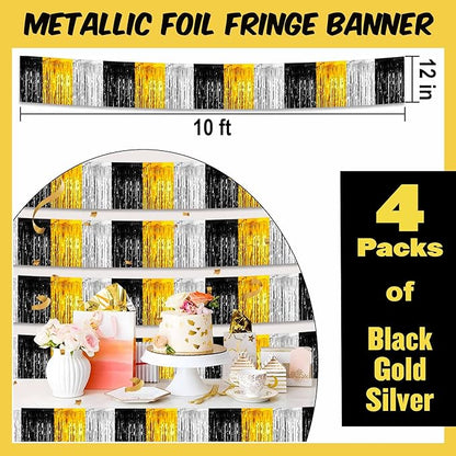 4 Pack 10 Ft Black Gold Silver Foil Fringe Garland Metallic Streamers Tinsel Banner Wall Hanging Garland Backdrop for Parade Floats, Halloween, Christmas, Thanksgiving, New Year Party Decorations