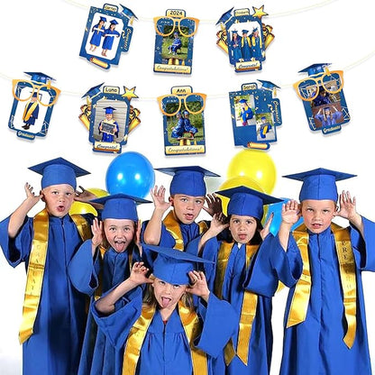 pinkblume Graduation Party Decorations Navy Blue and Gold Grad Photo Banner Royal Blue Gold Congrats Grad Photograph Bunting Garland for 2025 Graduation Celebration Party Decorations Supplies