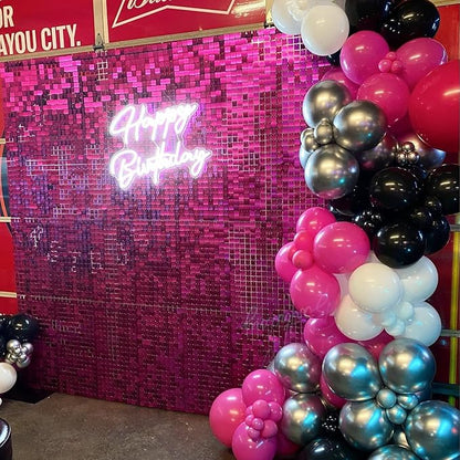 Qcity Hot Pink Shimmer Wall Backdrop 24PCS, Black Back Not See-Through Design, Square Sequin Glitter Backdrop Panel, Perfect for Outdoor Events, Birthdays, Wedding and Party Decoration