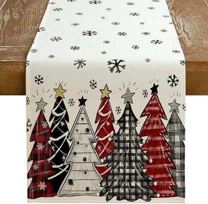 GEEORY Christmas Table Runner 13x48 Inch, Xmas Tees Snowflakes Holiday Decorative Farmhouse Table Decoration for Kitchen Dinning, Indoor Outdoor Dinner Party Decor ((Red & Black) GT165-48