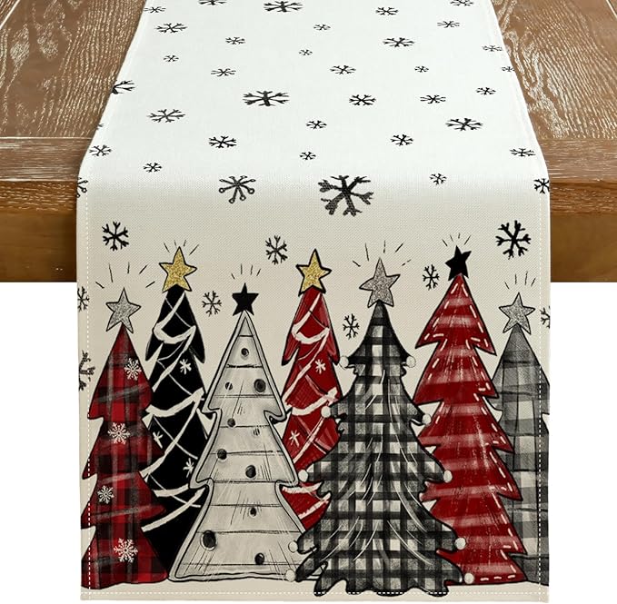 GEEORY Christmas Table Runner 13x108 Inch, Xmas Tees Snowflakes Holiday Decorative Farmhouse Table Decoration for Kitchen Dinning, Indoor Outdoor Dinner Party Decor ((Red & Black) GT165-108