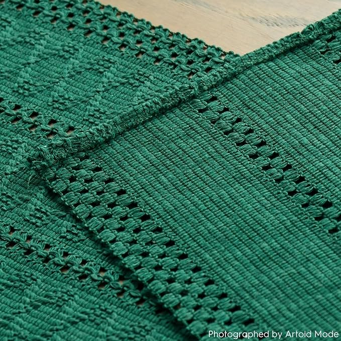 Artoid Mode Dark Green Farmhouse Woven Rustic Hollow Table Runner, Seasonal Holiday Hollow Kitchen Dining Table Decoration for Home Party Decor 12x90 Inch