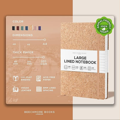 BEECHMORE BOOKS Lined Journal Notebook, 8.5 x 11.5 inch, A4 160 Lined Pages, Hardcover Leather Journals for Women, Men, Writing and Notebooks for Work - 120 GSM Thick Paper, Gifts Box Included