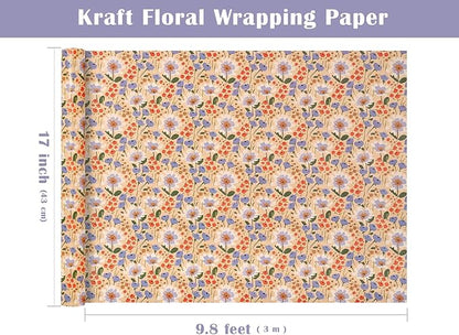 WRAPAHOLIC Kraft Floral Wrapping Paper Roll - Mini Roll - 17 Inch x 9.8 Feet - Watercolor Flower Wrapping Paper, Perfect for Wedding, Birthday, Bridal Shower, Tea Party