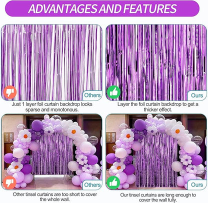Crosize 4 Pack 3.3 x 9.9 ft Purple Foil Fringe Curtains Party Decorations, Purple Tinsel Curtain Backdrop for Parties, Door Streamers, Glitter Streamer Fringe Backdrop for Birthday Decoration