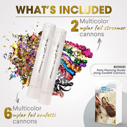 PrimePure Confetti Cannon Party Poppers - Metallic Foil Multicolor Confetti Poppers & Streamers - 8 Pack - Easy-to-Use Party Cannon - Glitter Bomb Pop Gun for Graduation, Birthday, Celebration, Prank