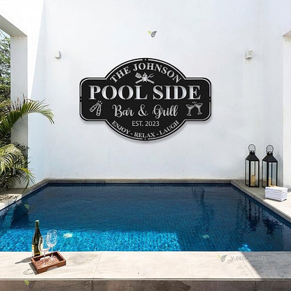 Personalized Family Poolside Sign LED Light,Swimming Pool Metal Sign,Pool Oasis Bar and Grill Metal Wall Decor,Patio Decor,Housewarming Gift