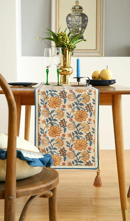 ISAENNE Designer Bohemian Elegant Linen Table Runner 71 Inches Long,Floral Pattern Duable Decor Table Runners for Dining Tables,Thanksgiving,Kitchen Tables,Christmas,12"*71"-Estevan B