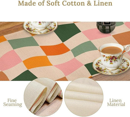Hippie Table Runner, Vintage Geometric Square Orange Green Pink Grid 60s 70s Style Kitchen Dining Room Decor for Indoor Outdoor Wedding Party Table Runner 13x70 Inch