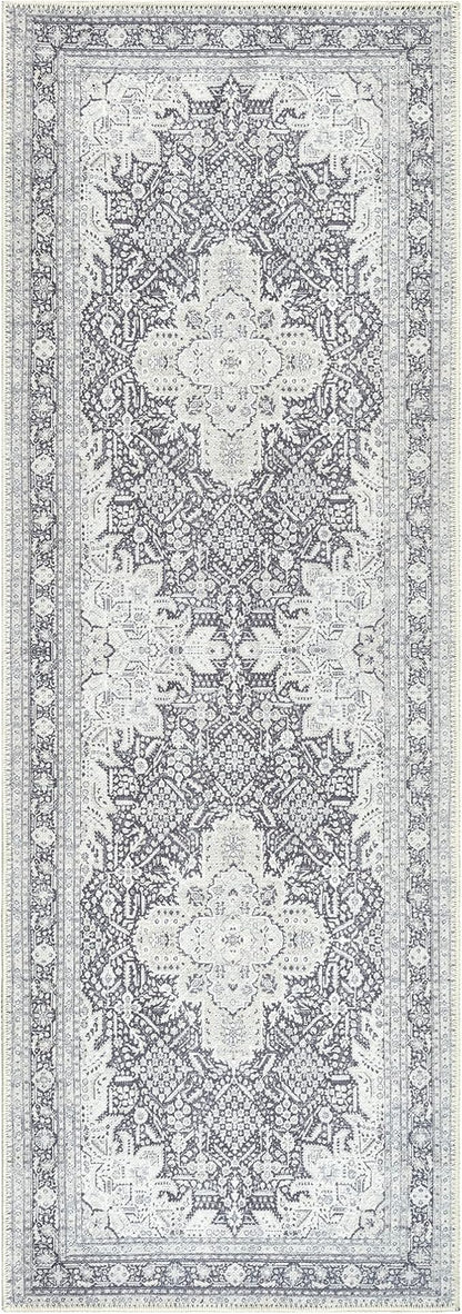 Bloom Rugs Washable Non-Slip 7 ft Runner - Charcoal Blue Traditional Medallion Runner for Entryway, Hallway, Bathroom, and Kitchen - Exact Size: 2.5' x 7'