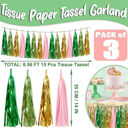 3P Sage-Green Pink-Gold Foil Fringe Metallic Tassel Garland, Tassels Banner Streamers for Parade Floats, Bachelorette, Wedding, Birthday, Halloween, Christmas, Bridal/Baby Shower Party Decorations