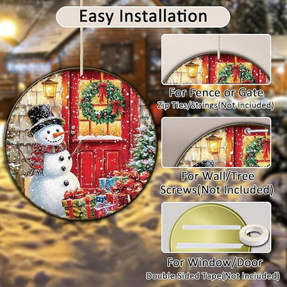 Round Wall Decor Christmas Metal Tin Sign Snowman Sign Rustic Wall Decor Wall Plaque Snowman Wreath Sign for Christmas Round Wreath Wall Decor Vintage Garage Yard Home Decor 12 * 12 in
