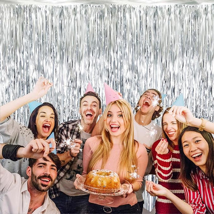 GOER 3.2 ft x 9.8 ft Metallic Tinsel Foil Fringe Curtains Party Photo Backdrop Party Streamers for Birthday,Graduation,New Year Eve Decorations Wedding Decor (Silver,1 Pack)