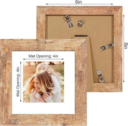 6x6 Picture Frame Set of 4 with Real Glass, Rustic Brown Frames Display 4x4 Picture with Mat or 6 x 6 Without Mat, Square Wood Photo Frame for Wall Mount and Tabletop Display